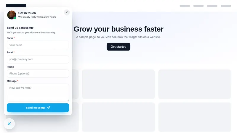 Glass message panel floating widget open on a sample webinar registration page