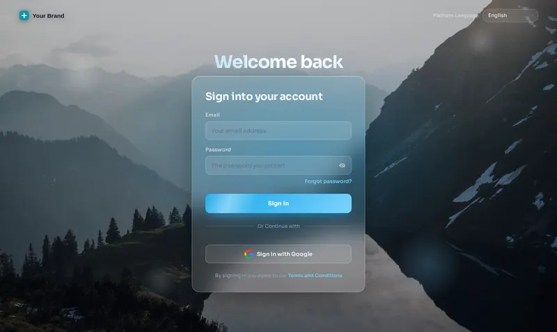 GoHighLevel login page with the Frosted photo design: mountain photo background and a crystal glass sign-in card