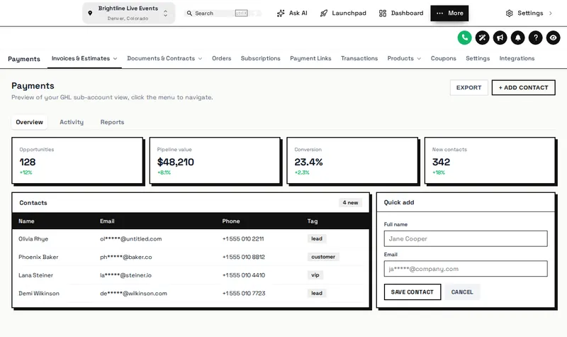 GoHighLevel with its menu moved to a black and white top bar (Mono Studio theme)